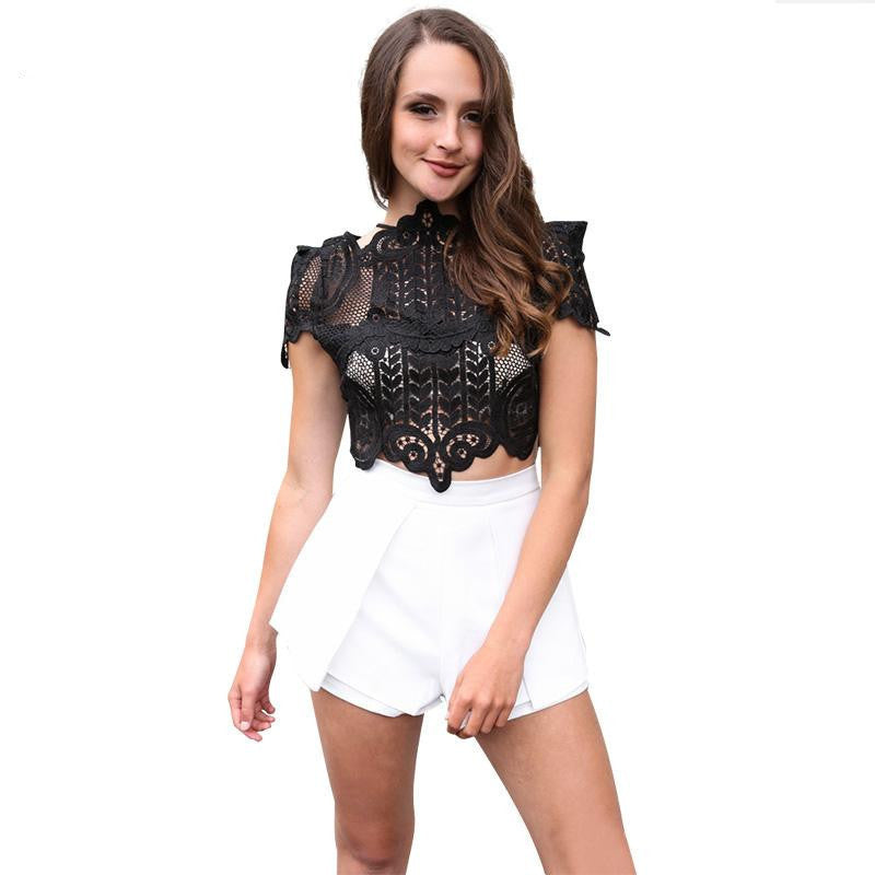 Online discount shop Australia - BerryGo  style elegant black lace women tops Causal short sleeve white blouse shirt Sexy beach hollow out girls crop tops
