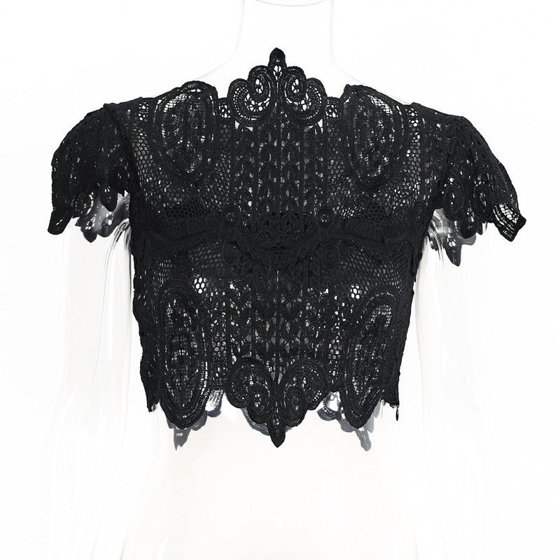 Online discount shop Australia - BerryGo  style elegant black lace women tops Causal short sleeve white blouse shirt Sexy beach hollow out girls crop tops