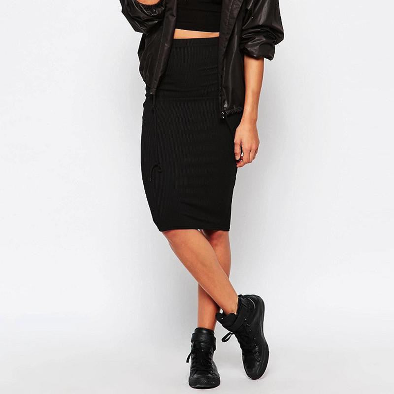 Womens High Waist Knitted Skirts Bodycon Knee Length Slim Hip Black White OL Pencil Skirts Saia