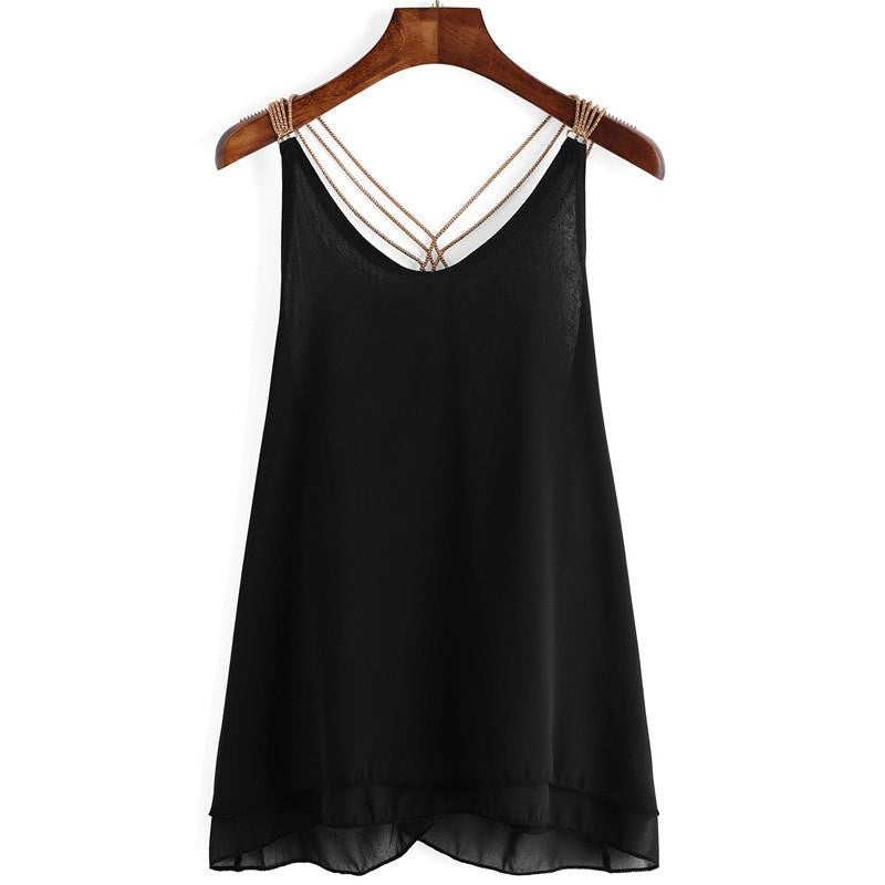 Style Beach Wear Tops Womens Backless Top Black/Navy Chain Strap Sleeveless Chiffon Plain