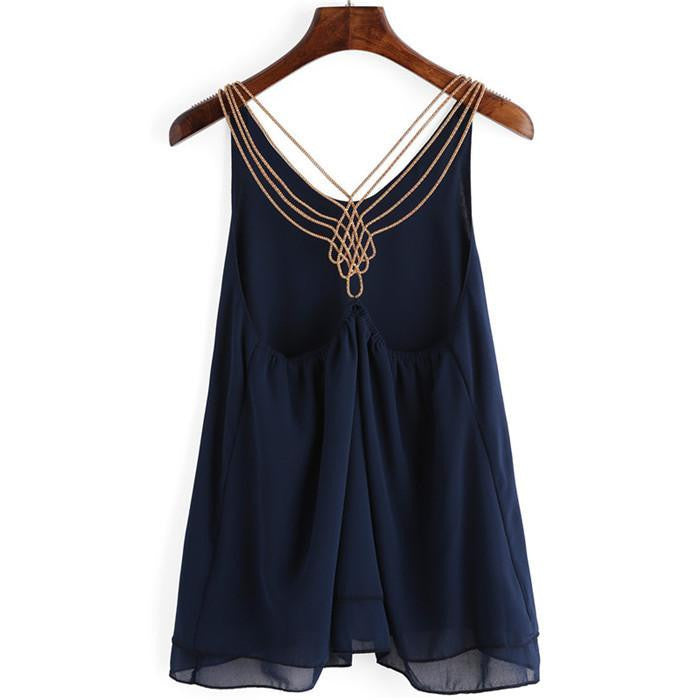 Style Beach Wear Tops Womens Backless Top Black/Navy Chain Strap Sleeveless Chiffon Plain