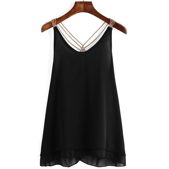Style Beach Wear Tops Womens Backless Top Black/Navy Chain Strap Sleeveless Chiffon Plain