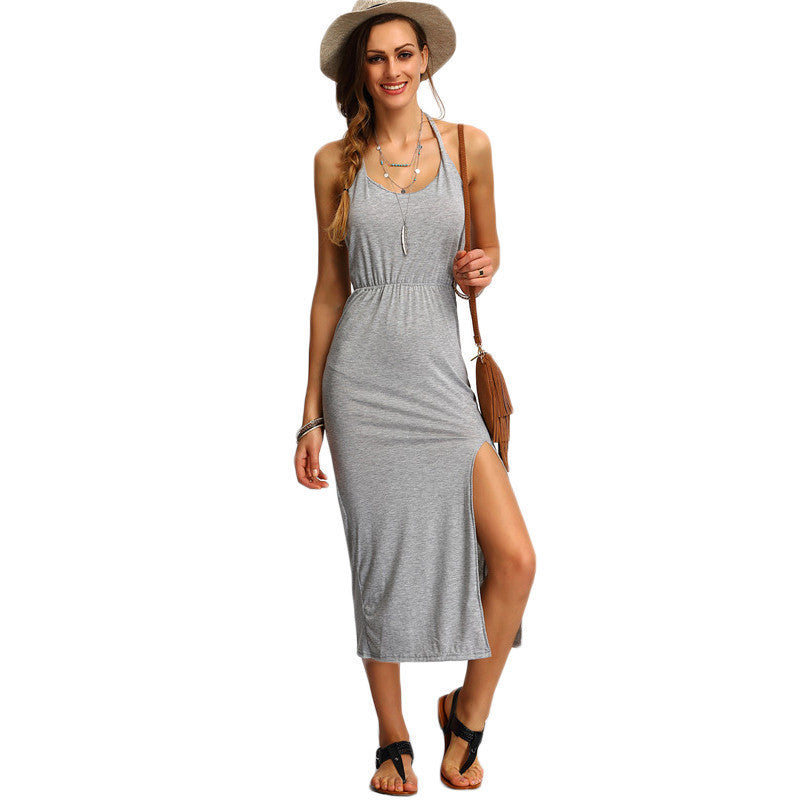 Online discount shop Australia - COLROVIE Halter Sleeveless Backless Side Split Sheath Long Beach Ladies Cotton Dresses Summer Dress