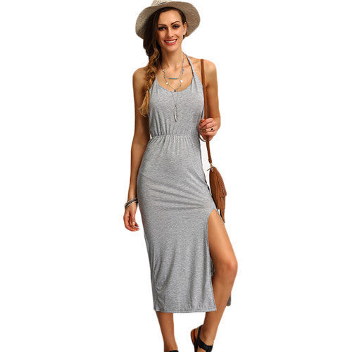Online discount shop Australia - COLROVIE Halter Sleeveless Backless Side Split Sheath Long Beach Ladies Cotton Dresses Summer Dress