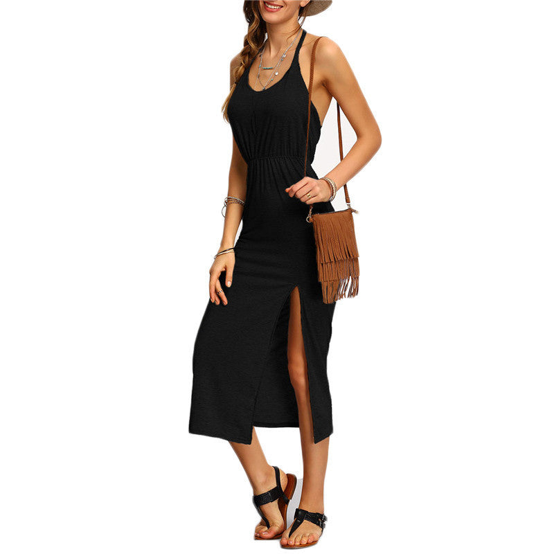 Online discount shop Australia - COLROVIE Halter Sleeveless Backless Side Split Sheath Long Beach Ladies Cotton Dresses Summer Dress