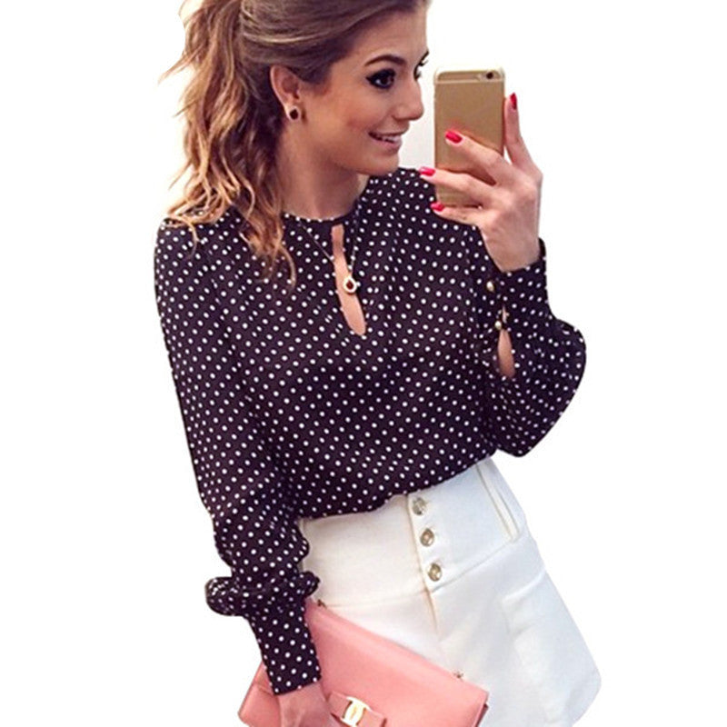 Polka Dot Print Shirts Vintage Chiffon Blouse Tops Long Sleeve Shirt