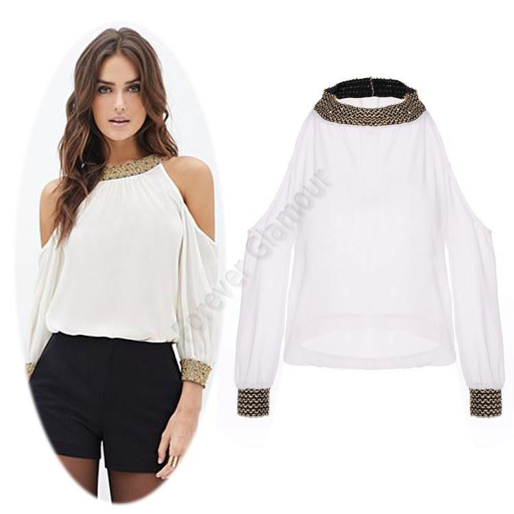 Women Shirt Off Shoulder Chiffon Tops Long Sleeve Chiffon Blouse S-XL Casual Top Blouse Women