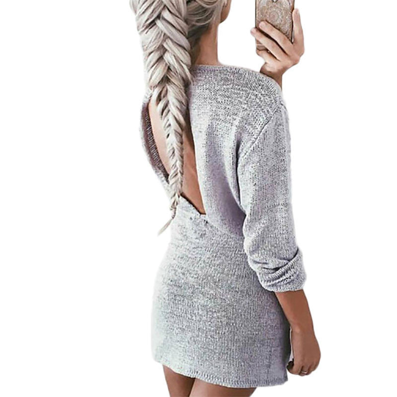 Online discount shop Australia - Casual new autumn sweater dress cut out back sexy short dresses for women long sleeve solid slim grey vestidos ladies dress