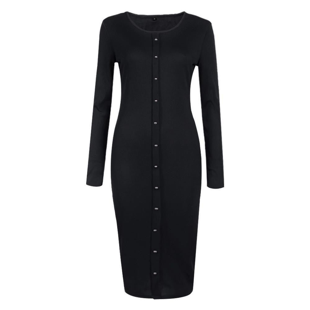 Women Spring Autumn Button Knit Long Sleeves Bandage Dress Solid Long Bodycon Sweater Dress Package Hip Long Dress Vestidos