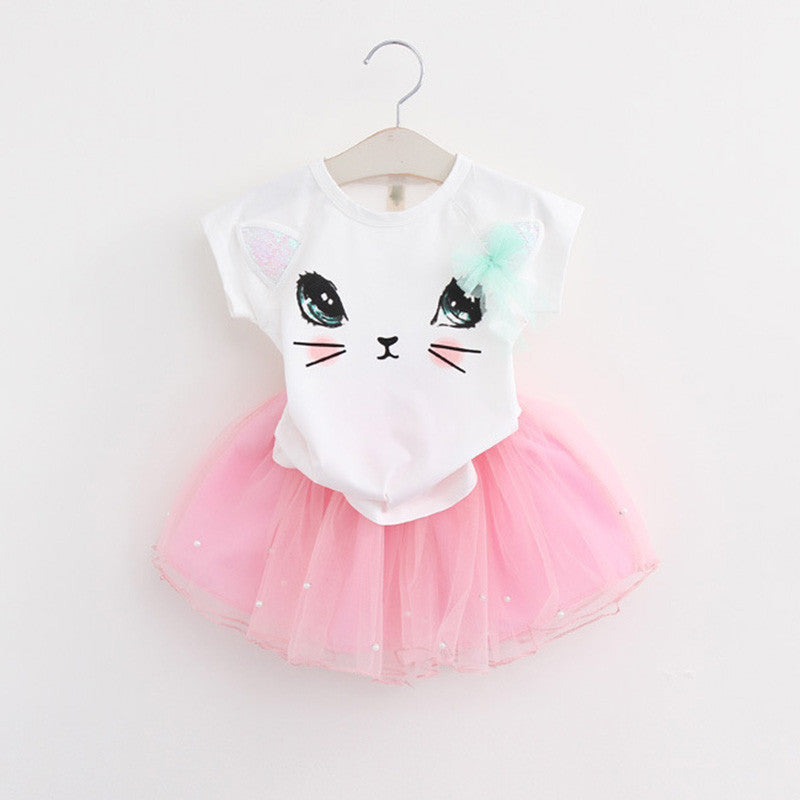 Online discount shop Australia - Girls Dress New Clothes 100% Fashion Style Cartoon Cute Little White Cartoon Dress Kitten Printed Dress