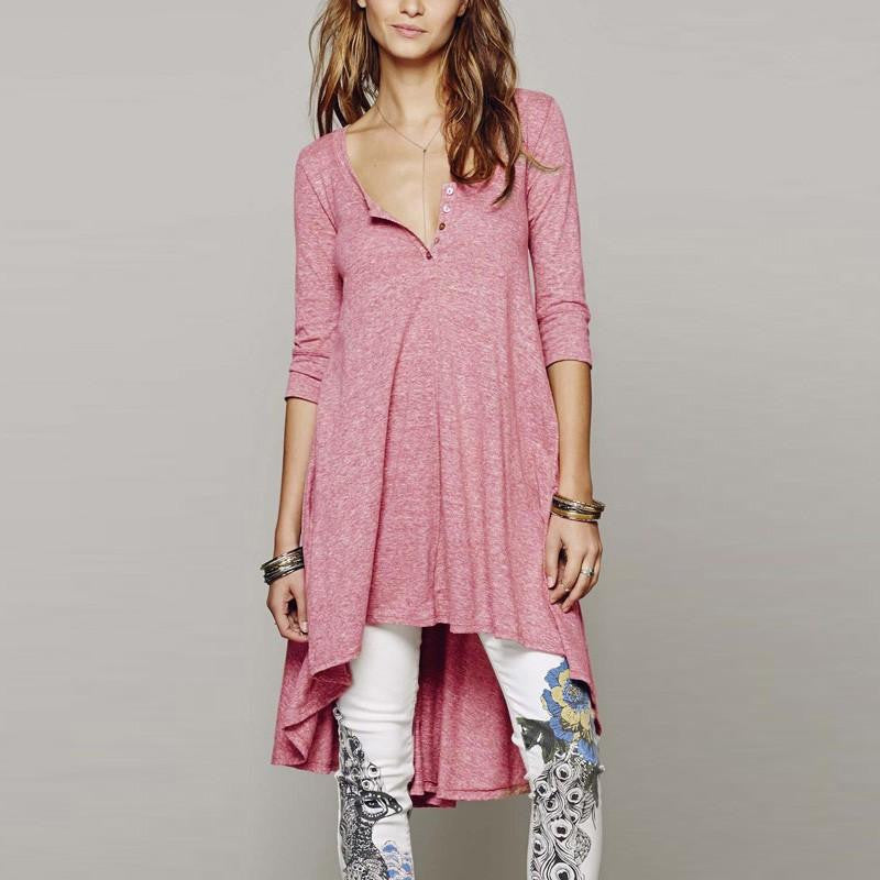 Women Casual Loose Cotton Half Sleeve V Neck Button Irregular Hem Solid Dress Plus Size Tee Top