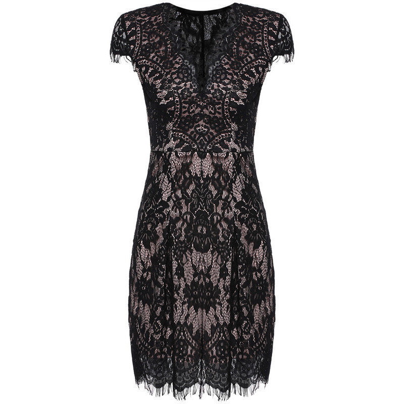 Online discount shop Australia - Black Bodycon Vestidos Summer Dresses Sexy Girls Cap Sleeve Deep V Neck Elegant Women Above Knee Lace Dress