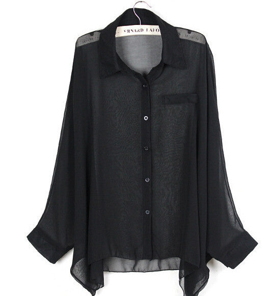 Online discount shop Australia - European style plus size batwing sleeve loose transparent chiffon shirt women long sleeve sheer blouses