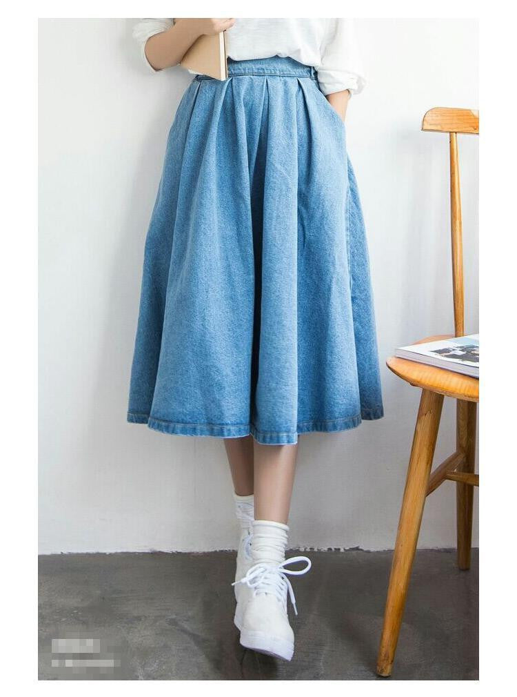 women denim pleated skirt style vintage jeans high waist clothing