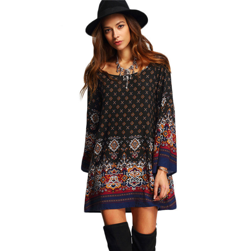 Online discount shop Australia - Casual Spring Women Clothes Boho Multicolor Round Neck Long Sleeve Vintage Print Shift Short Dress