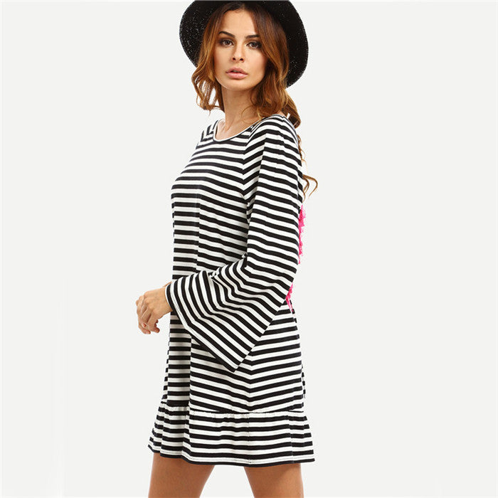 Online discount shop Australia - COLROVIE Sexy Striped Backless Tassel Straight Summer Style Dresses New Beach Women Long Sleeve White Shift Dress