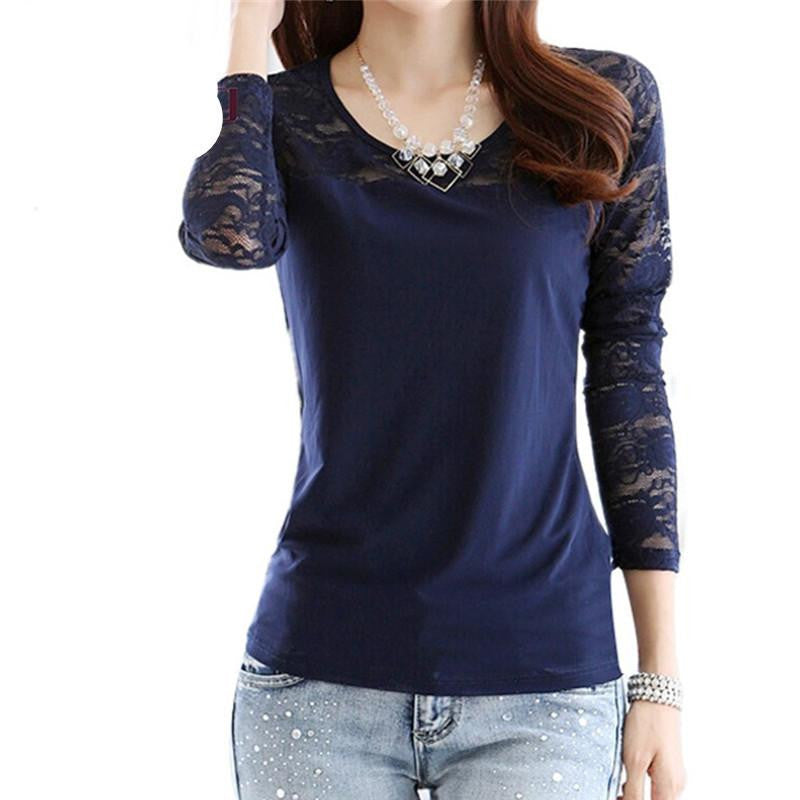 Women Long Sleeve Blouse Stitching Lace Navy Floral Casual Shirt Base Layer Tops S-XXL