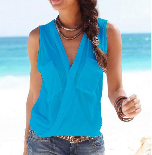 Womens Blouses Sleeveless Double Pocket Shirts V Neck Tops Casual Fashion Blouse