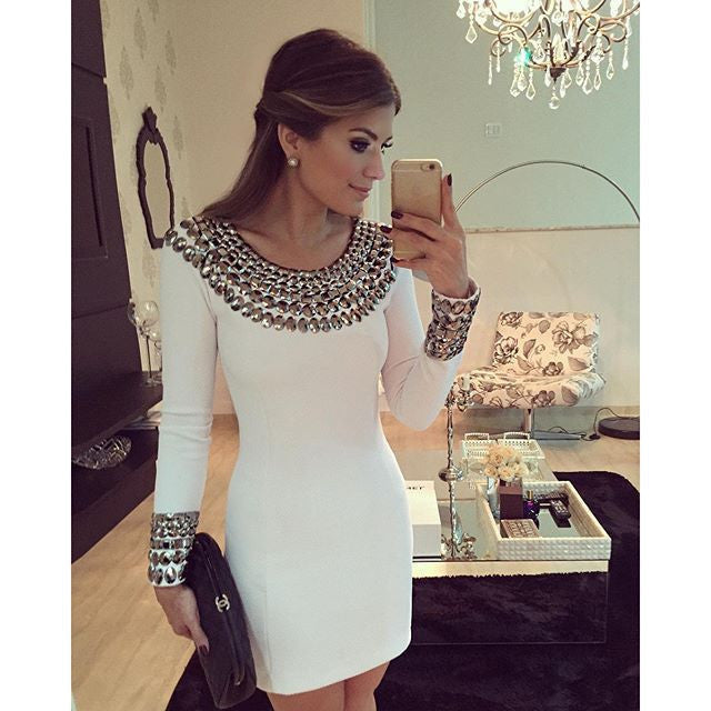 Online discount shop Australia - 2017 New autumn and winter long sleeve hand-beaded dress Slim bodycon dress white color package hip bottoming dress