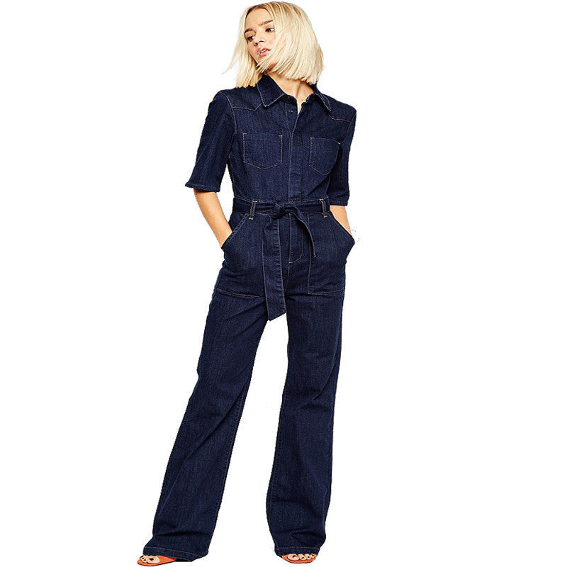 Online discount shop Australia - Denim Overalls Women Fashion Handsome lacing Slim Half Sleeve Tooling Denim jumpsuit Casual Rompers for women