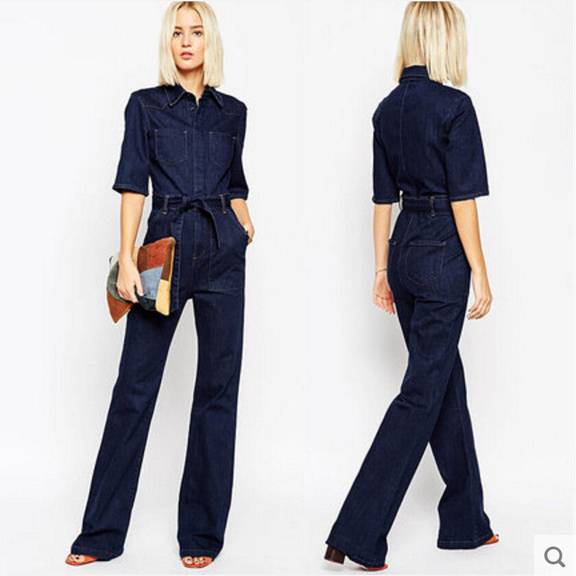 Online discount shop Australia - Denim Overalls Women Fashion Handsome lacing Slim Half Sleeve Tooling Denim jumpsuit Casual Rompers for women