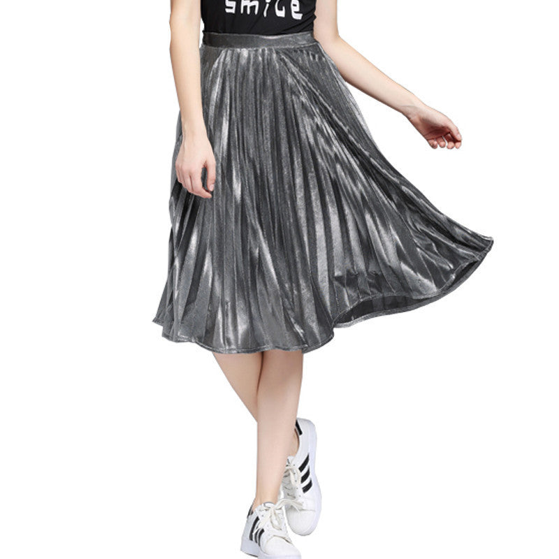 Online discount shop Australia - Elegant Long Pleated Skirt Metallic Color Stretch Large Swing Ladies Skirt Gold Sliver Purple Real Photo