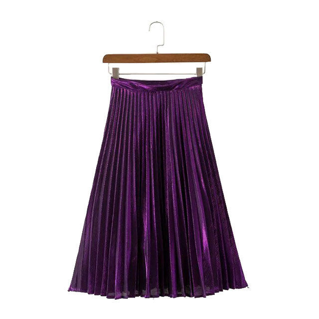 Online discount shop Australia - Elegant Long Pleated Skirt Metallic Color Stretch Large Swing Ladies Skirt Gold Sliver Purple Real Photo