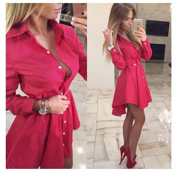 Women Shirt Dress Small dots Printed Fashion Irregular Long Sleeve Mini Vestidos dresses