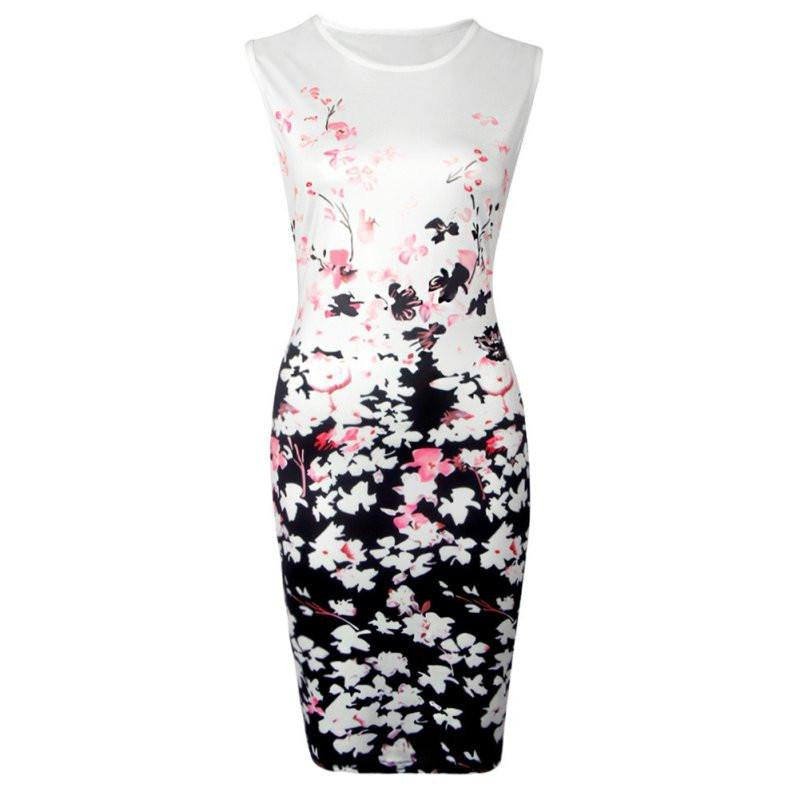 Women Vintage Dresses Ladies Elegant Summer Black Sleeveless Mini Length Floral Print Sheath Dress