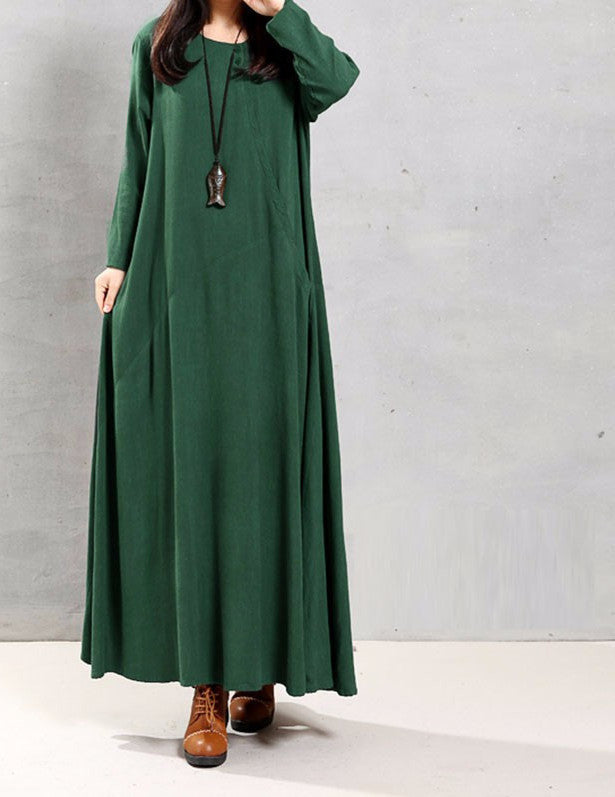 Online discount shop Australia - Autumn Women Retro Long Dress O Neck Long Sleeve Pockets Casual Loose Solid Ankle Length Dress