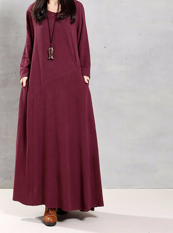 Online discount shop Australia - Autumn Women Retro Long Dress O Neck Long Sleeve Pockets Casual Loose Solid Ankle Length Dress