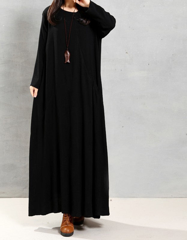 Online discount shop Australia - Autumn Women Retro Long Dress O Neck Long Sleeve Pockets Casual Loose Solid Ankle Length Dress