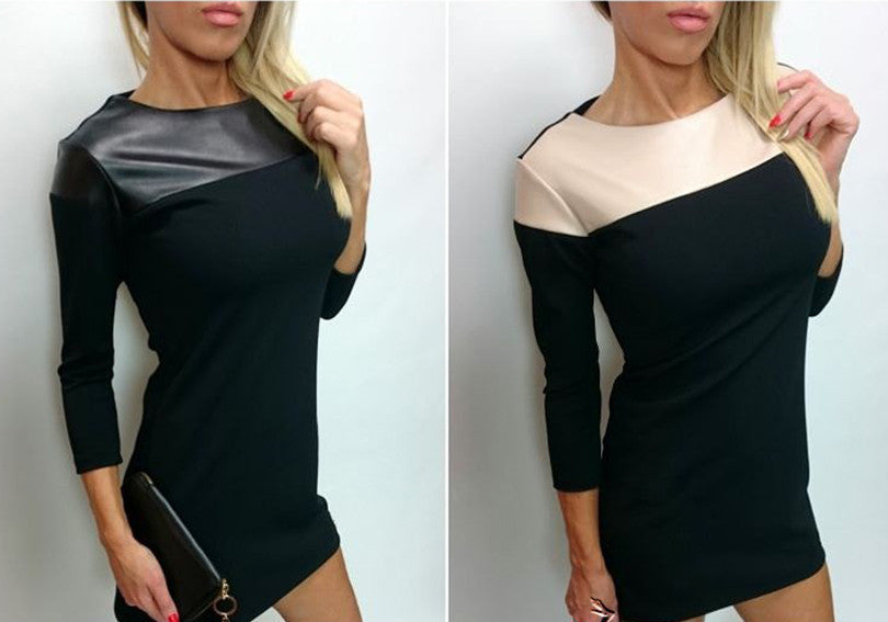 Online discount shop Australia - Elegant Slim Long Sleeve Women Autumn Winter Dress Black PU Leather Patchwork OL Work Pencil Dresses Robe Femme Vestidos