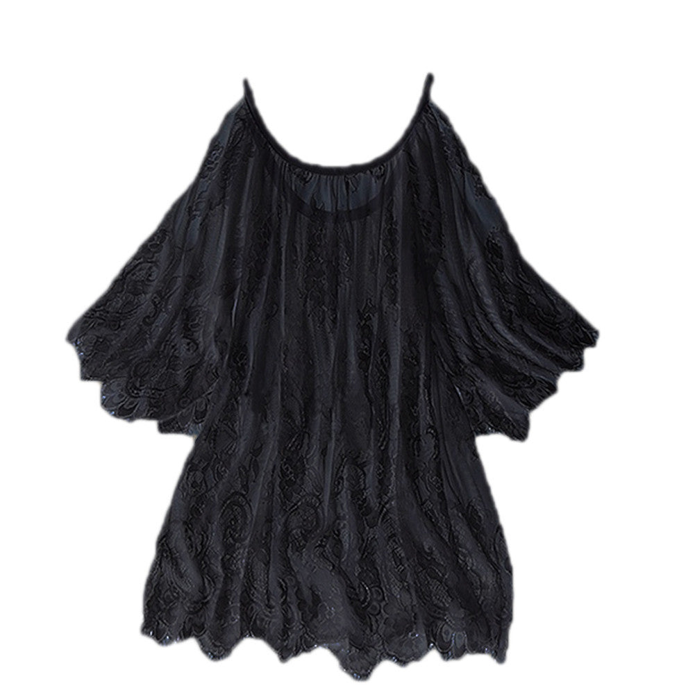 Online discount shop Australia - Big Plus Size Loose Women Lace Blouse White Black Off Shoulder Beach Sunscreen Swimsuit Summer Sheer Sexy Shirt Dress