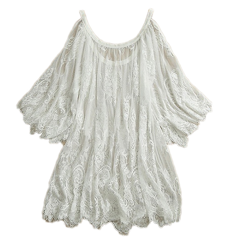 Online discount shop Australia - Big Plus Size Loose Women Lace Blouse White Black Off Shoulder Beach Sunscreen Swimsuit Summer Sheer Sexy Shirt Dress