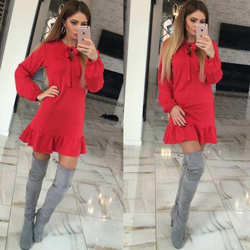 Online discount shop Australia - 4 Color Autumn And Winter 100% Cotton Solid Women'S Dress Sexy Slim Long Sleeve Casual Autumn Dress Fashion Joker Pleated Dress