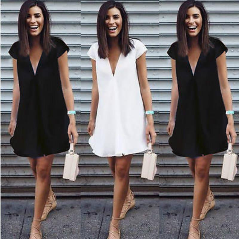 Women Summer Deep V-Neck Dresses Casual Plus Size Short Mini Black Dress