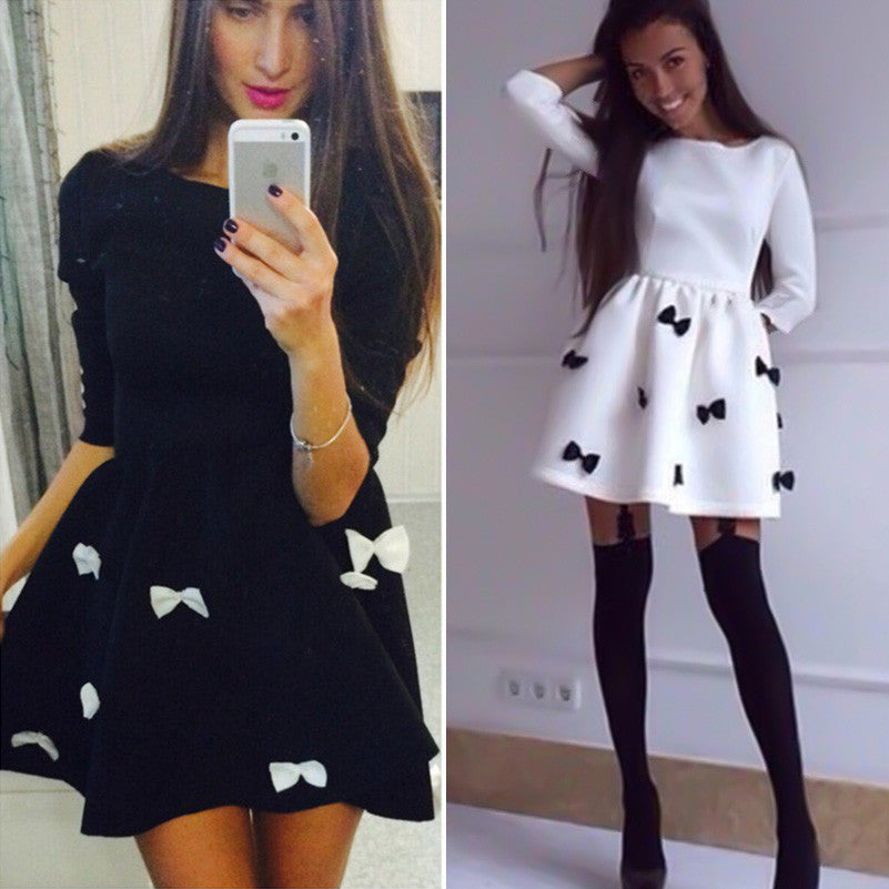 Online discount shop Australia - GZDL Fashion Women Long Sleeve Dress Cute 3/4 Sleeve O-Neck Autumn Winter Party Bow-tie Pleated Mini Dresses Vestido CL2502