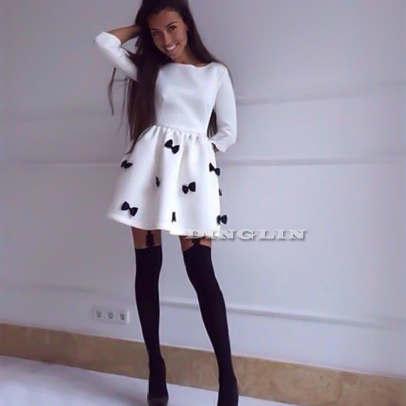 Online discount shop Australia - GZDL Fashion Women Long Sleeve Dress Cute 3/4 Sleeve O-Neck Autumn Winter Party Bow-tie Pleated Mini Dresses Vestido CL2502