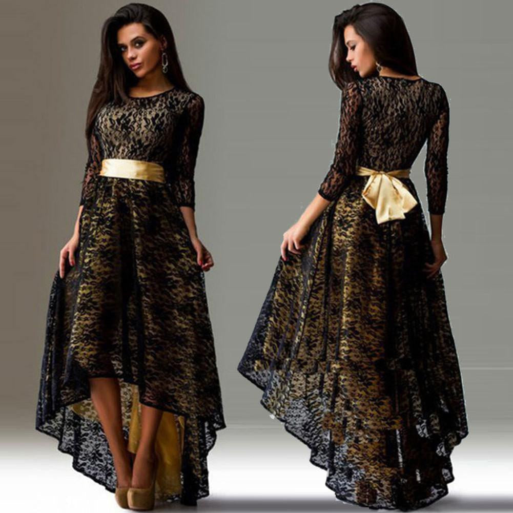 ing High Women Dresses Summer O-neck 3/4 Sleeve Slim Asymmetry Swallowtail Lace Party Dress Vestidos