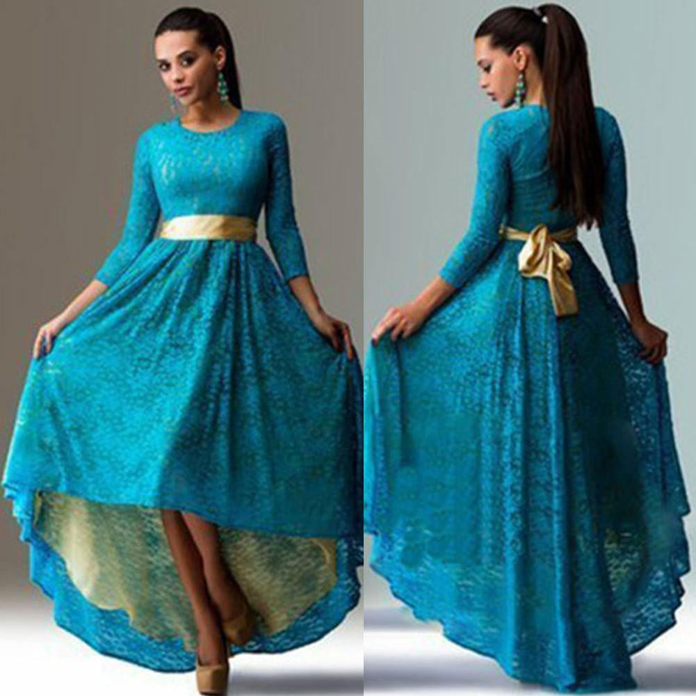 ing High Women Dresses Summer O-neck 3/4 Sleeve Slim Asymmetry Swallowtail Lace Party Dress Vestidos