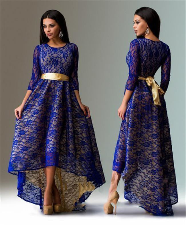 ing High Women Dresses Summer O-neck 3/4 Sleeve Slim Asymmetry Swallowtail Lace Party Dress Vestidos