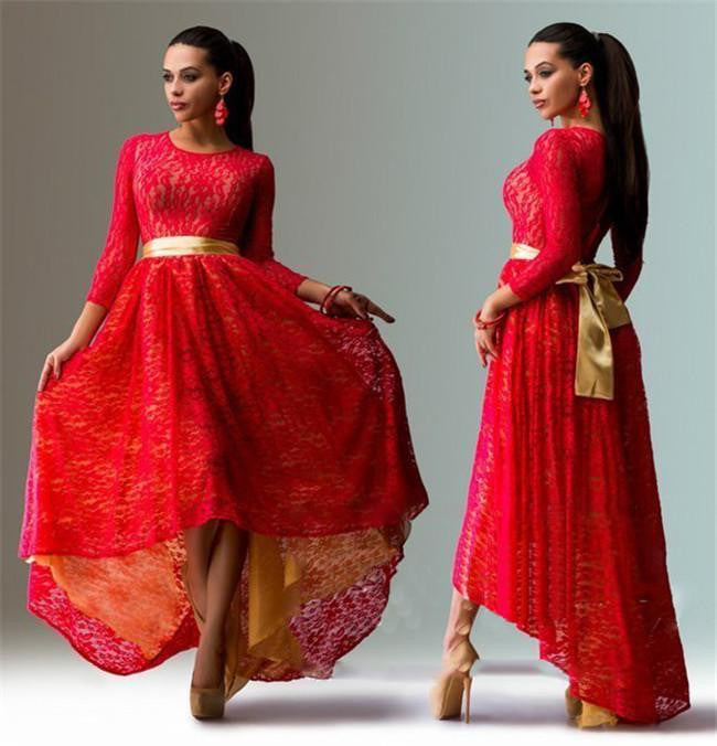 ing High Women Dresses Summer O-neck 3/4 Sleeve Slim Asymmetry Swallowtail Lace Party Dress Vestidos