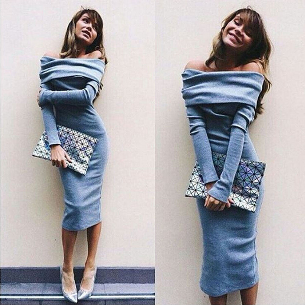 Online discount shop Australia - Dresses Women winter dress Long Sleeve Off Shoulder Winter Warm Clothes Stretch Bodycon Dress Blue