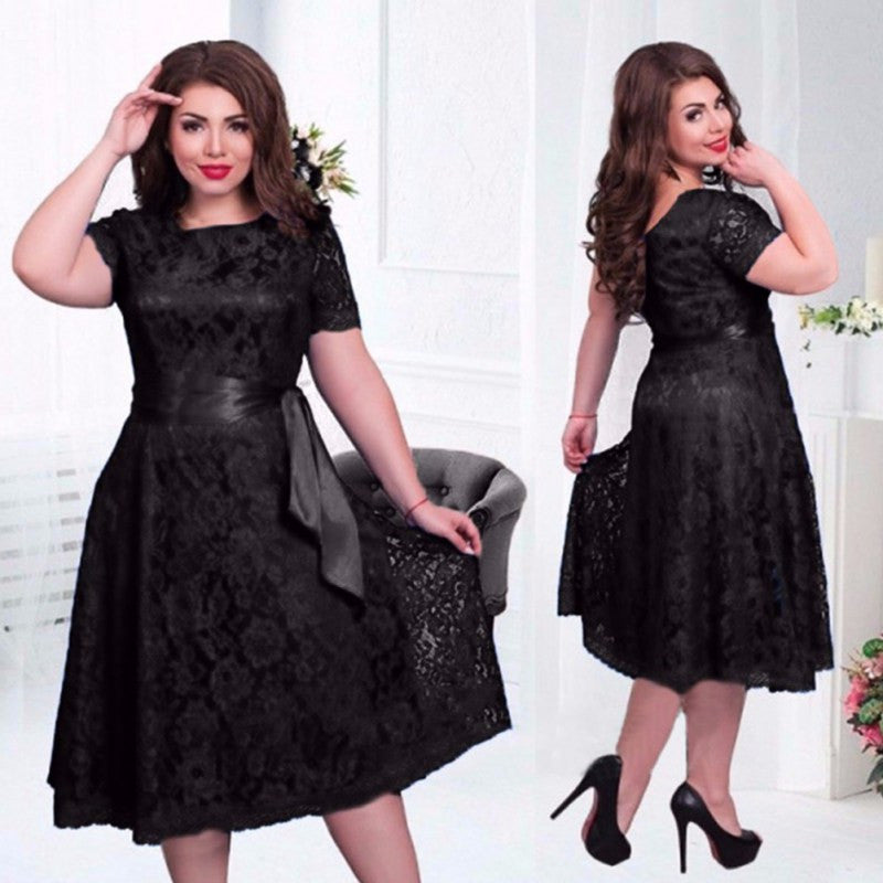Online discount shop Australia - European Style Vintage Women Sexy Elegant Dress Fit and Flare Empire Lace Sashes Party Midi Dresses Plus Size