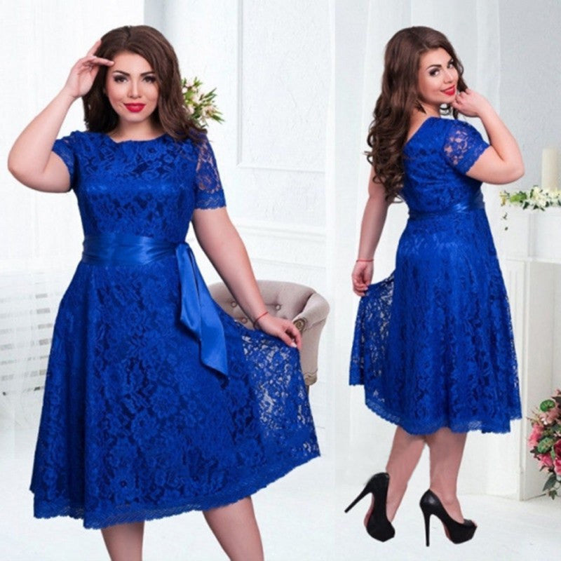 Online discount shop Australia - European Style Vintage Women Sexy Elegant Dress Fit and Flare Empire Lace Sashes Party Midi Dresses Plus Size