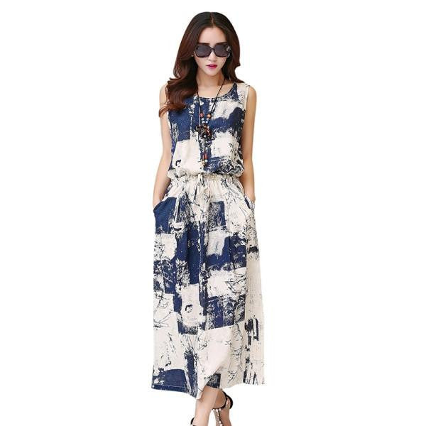 Summer Women Vintage Floral Dress Maxi Dress Sleeveless Blue+Black Long Vestido