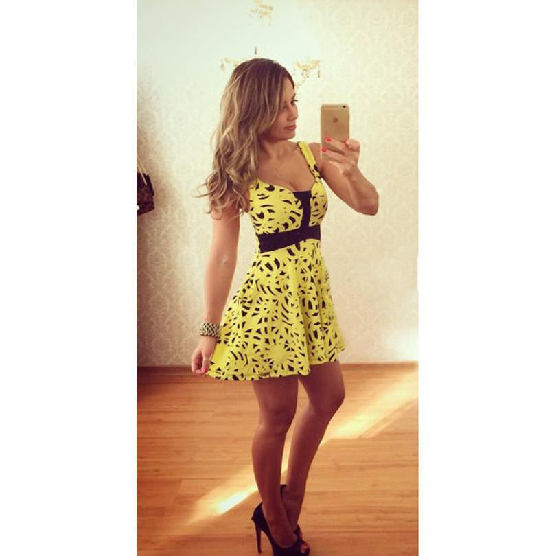 Women Chiffon Dress Sleeveless Bust Hollow O-Neck Dresses Slim Casual Elegant Dress with Lace