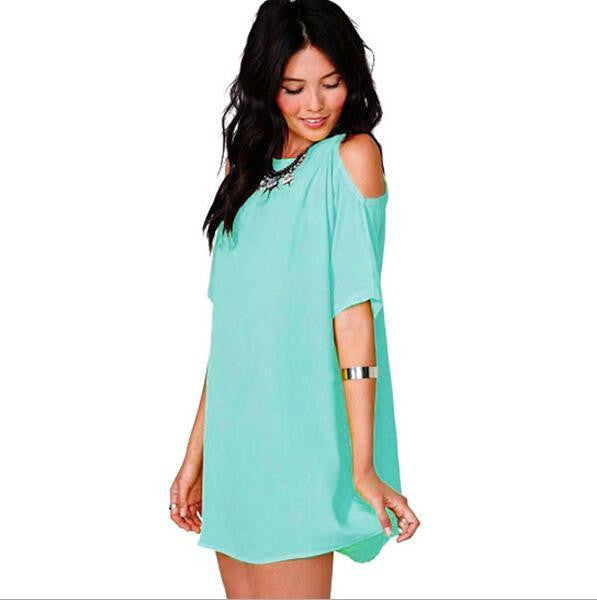 Women's off shoulder Strapless Short-Sleeved Chiffon Mini Dress White Green sky blue