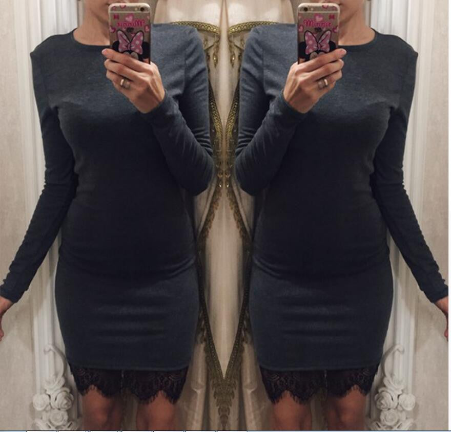 Online discount shop Australia - Bodycon Dress Women Long Sleeve O-neck Lace Patchwork Cotton Casual Mini Dresses Wine Red Vestidos Robe S-XL